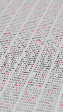 Seamless loop 3D animation of binary code on a bright white digital surface with glowing red highlights, creating a clean futuristic background for data, cybersecurity and technology.