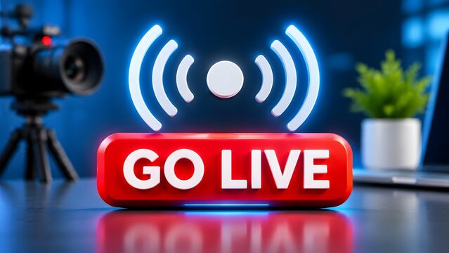 Red go live button with glowing broadcast signal icon on studio desk with video camera and laptop in background for online streaming and content creation