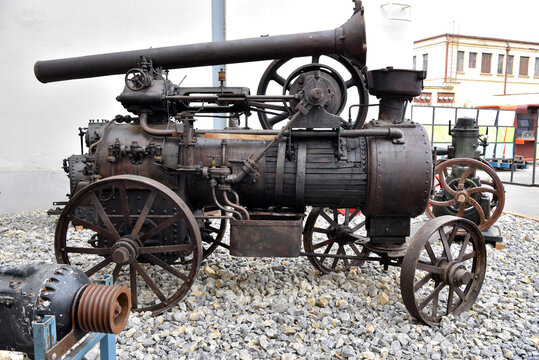 Side View of Vintage Portable Steam Engine Locomobile