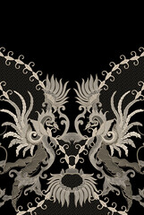Luxury ethnic ornament border pattern with crown wings and floral motif on black background © Urpattern