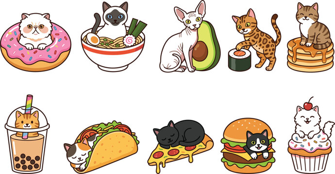 Cute cartoon cat food sticker set vector bundle featuring kittens with donuts ramen boba pizza burger sushi and sweet bakery desserts isolated