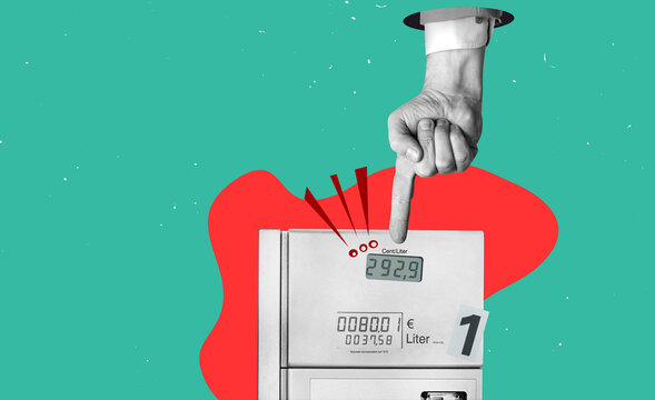 Flat design art. High fuel prices at the self-service petrol station in Europe. Energy crisis and price increase concept