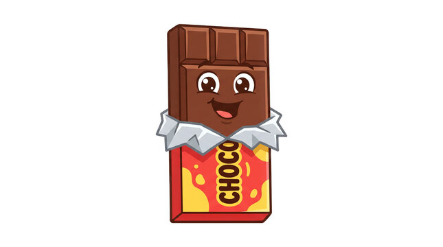 Cute kawaii chocolate bar character with open wrapper, smiling happy face, sweet cartoon dessert mascot, isolated vector illustration.