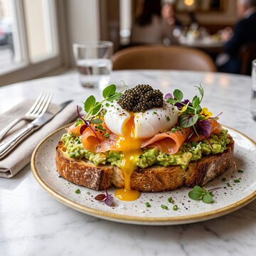 gourmet avocado toast with smoked salmon poached egg black caviar and fresh microgreens on rustic sourdough bread served in modern cafe with runny yolk