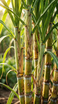Vibrant Close Up of Sugarcane Stalks Bathed in Natural Light, Showcasing Their Lush Green Leaves and Rich Textures for a Captivating Agricultural Scene