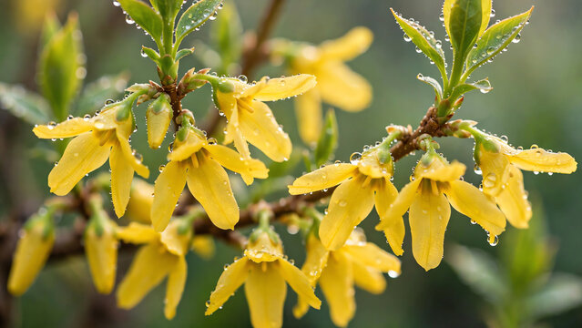 Vibrant Close-Up of Forsythia Blooms in Springtime with Dew Drops Glistening Under Soft Morning Light, Capturing Nature's Beauty and Delicate Petal Textures