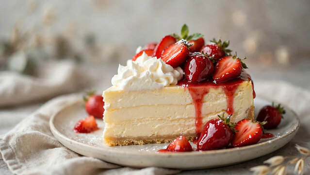Artful Presentation of Cheesecake with Glazed Strawberries and Whipped Cream, Captured in Soft Focus to Highlight the Creamy Layers and Colors