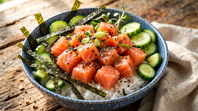 Vibrant Close-Up of a Fresh Salmon Poke Bowl with Rice, Cucumber, and Seaweed, Beautifully Arranged on a Rustic Wooden Table, Bright Natural Lighting Enhancing Colors