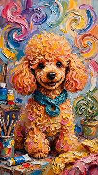 Charming Toy Poodle Dog Portrayed in an Abstract Impasto Style with Bright Colors and Energetic Swirls, Evoking Joy and Warmth in a Cozy Artistic Setting