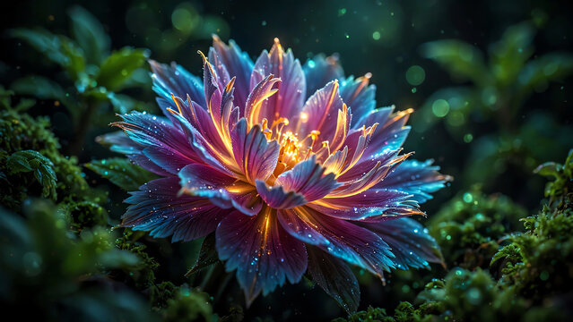 A radiant glowing flower illuminated in the dark, showcasing vibrant colors and intricate petals, surrounded by a soft, blurred background of green foliage