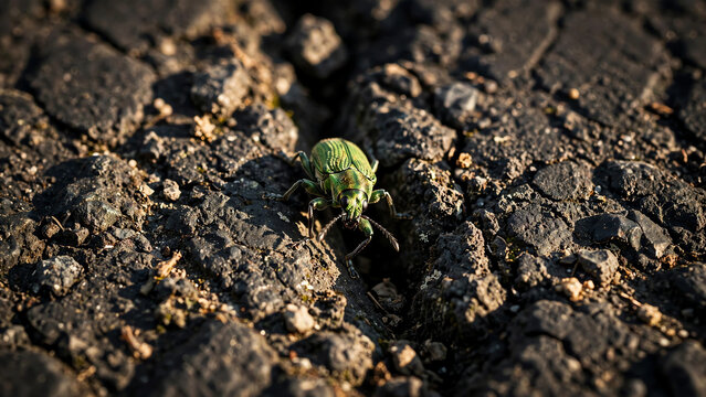 A close-up of a green bug navigating through a crack in the asphalt, with sunlight casting dramatic shadows, highlighting the textures of both the bug and the road