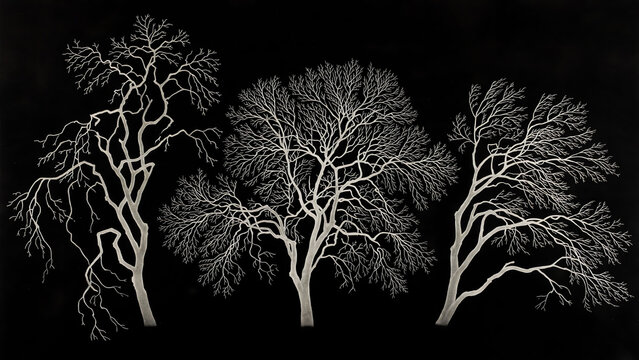 Artistic Depiction of Bare Trees Isolated on Black, Highlighting the Stark Contrast and Unique Branch Patterns to Create a Tranquil and Poetic Scene