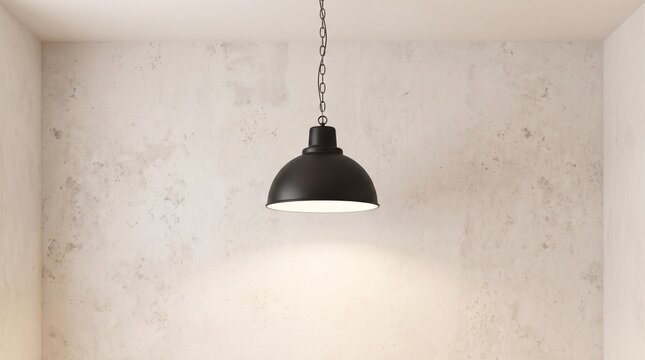 Black pendant lamp hanging from ceiling in room