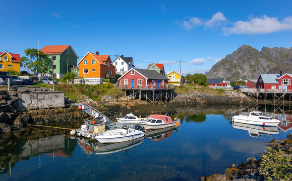 Colorful fishing village of Henningsvaer with boats and traditional houses in the Lofoten Islands, Norway