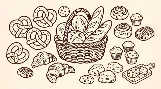 Detailed brown ink sketches of various breads, pastries, and a basket of baguettes.