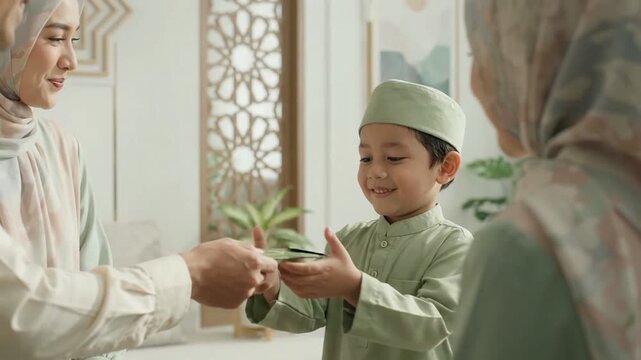 Happy Little Muslim Boy Receiving Green Money Envelope Gift from Parents During Hari Raya Eid al-Fitr Celebration at Home, Family Tradition of Giving Duit Raya in Traditional Clothing