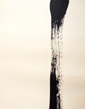 Black sumi ink brush stroke running the full height of cream Japanese paper, vertical minimal abstract with copy space