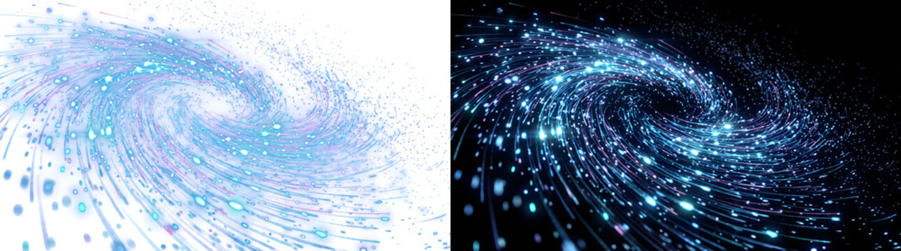 Spiral vortex of glowing blue and violet light streaks with sparkling particles for cosmic overlay designs in PNG, Transparent and Black Background Versions