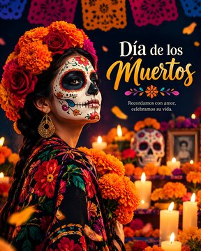 Woman celebrating d&iacute;a de los muertos with candles