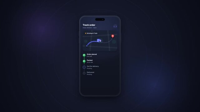 Dark mode mobile delivery tracking app showing a delivered package notification, shipping route map, order status timeline, and on-time confirmation for ecommerce, courier, and logistics services.