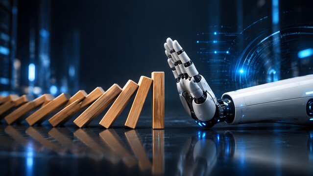 A high-tech robotic hand stops a falling chain of wooden dominoes, symbolizing artificial intelligence controlling risk, preventing crisis, and managing stability.