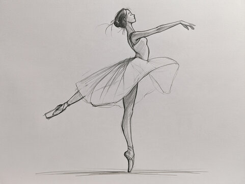 Elegant pencil sketch of ballerina dancer performing arabesque en pointe with flowing tutu and graceful extended arms.