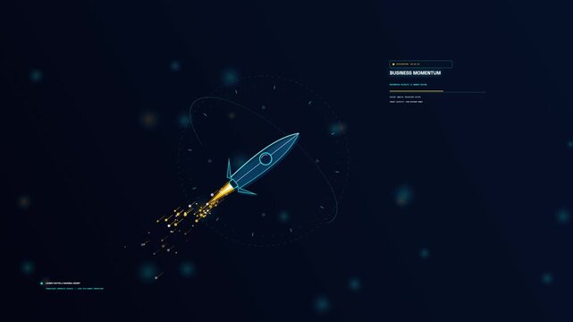 Graphic illustration of a blue rocket launching diagonally upwards with sparkling exhaust flames against a dark background with interface elements