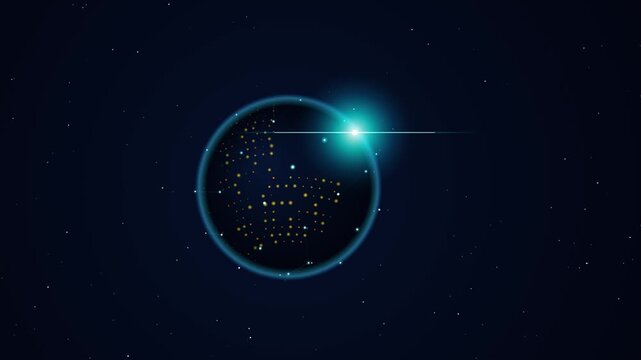 Animated vector globe rotating in outer space with glowing light effect and stars background