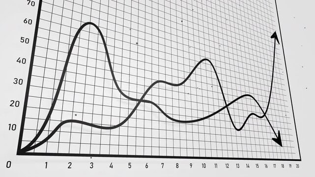 Looped 3D animation of two black line graphs moving in opposite directions on a white grid, illustrating market comparison, growth, decline, competition, volatility and financial performance.