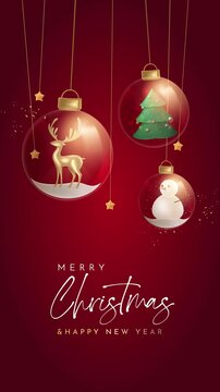 Elegant Christmas and Happy New Year Greeting with Hanging Festive Ornaments on Red Background 4K Motion Graphics Animation