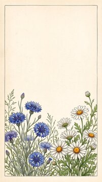 Spring blue cornflowers daisies delicate botanical illustration with