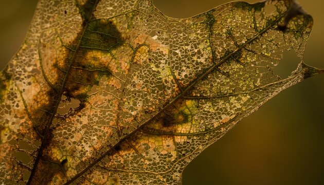 autumn decaying skeletonized leaf macro texture closeup for seasonal nature backgrounds and creative design projects