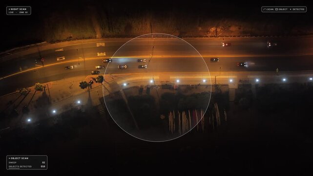 Top down aerial hover over Lima at night: cars on a coastal road below a cliff in sodium light with smoked glass HUD overlay, scan ring sweep, object labels. Concept of traffic analytics, road safety