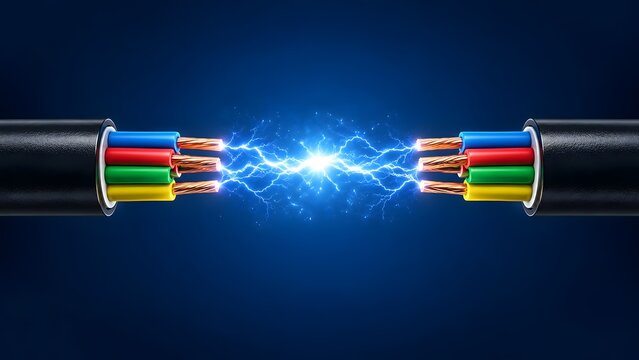 Two Multi-Core Electric Cables with Powerful Blue Lightning Arc Discharge and Glowing Copper Wires