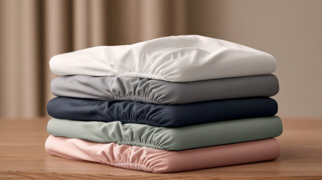 Five folded fitted sheets in shades of white, grey, navy, sage, and blush stacked on a wooden surface suitable for bedroom use.