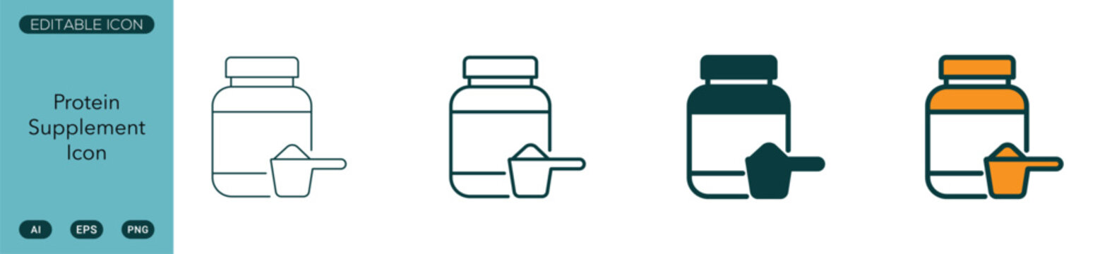Protein supplement icon set featuring a container jar and a measuring scoop with powder, vector illustration for fitness and nutrition design