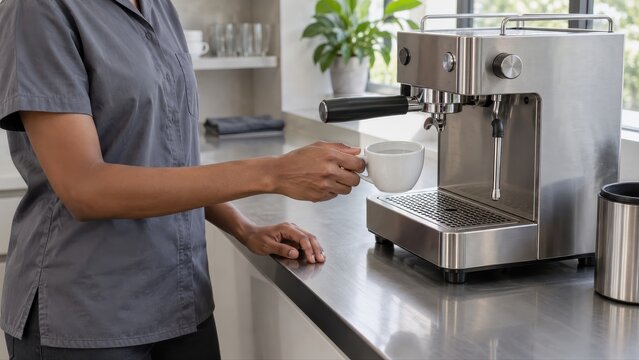 Technician lifting the test water cup from the drip tray after an espresso machine check has ended at the workshop completion bench