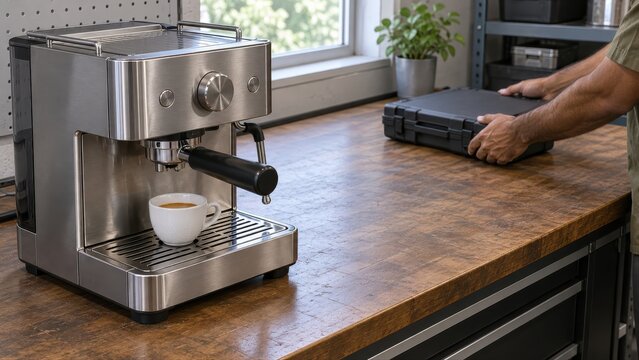 Technician moving a closed tool case away from a reassembled espresso machine with its test cup still on the drip tray after workshop repair