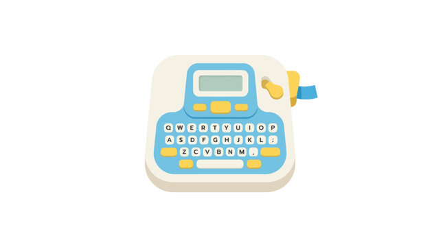 A pastel blue typewriter with a qwerty keyboard and small paper slips is illustrated
