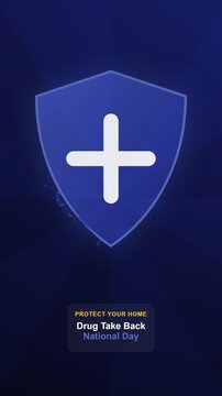 Animated national drug take back day emblem pairs white cross with blue shield, suitable for medication safety campaigns and community outreach.