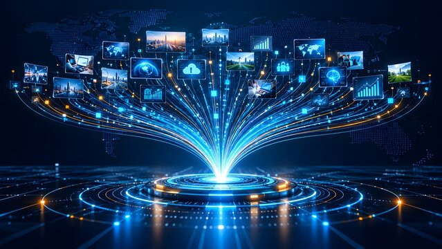 Global digital network with glowing optical fiber cables connecting floating screens representing worldwide cloud computing and IoT