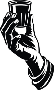Black and White Raised Hand Holding Glass Cup Vintage Woodcut Illustration.