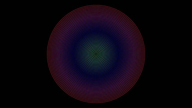 Vibrant neon circular pattern with concentric dashed lines shifting colors against a dark background