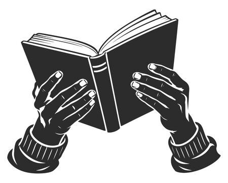 Black and White Illustration of Hands Holding an Open Book for Reading and Education.