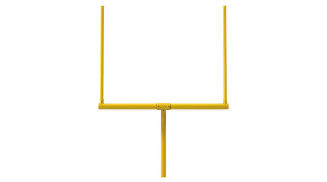 A bright yellow American football goalpost featuring a vertical main support pole, a horizontal crossbar with visible joining brackets, and two parallel upright prongs extending vertically upward