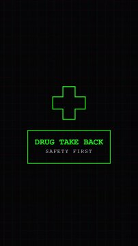 Animated green medical cross and safety first text create a healthcare visual, suitable for safety campaigns, awareness videos, and presentations.