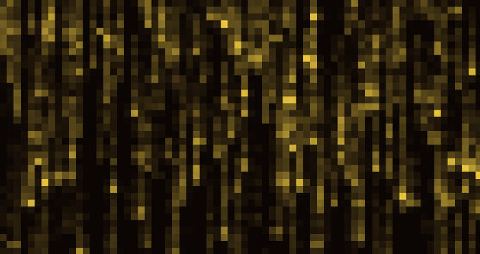 Golden Pixel Rain Abstract Background, Digital Glitch Mosaic Texture, Glowing Yellow Square Grid Pattern Backdrop