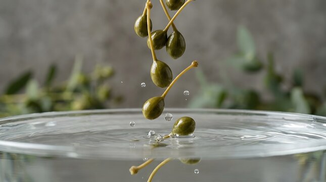 A vibrant and refreshing still life depicting green grapes plunging into clear water with a dramatic