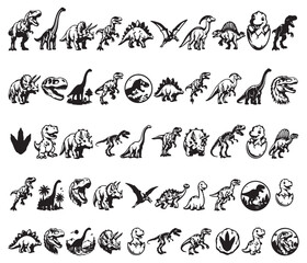 Collection of 50 dinosaurs black white silhouette isolated graphic design © Khilal