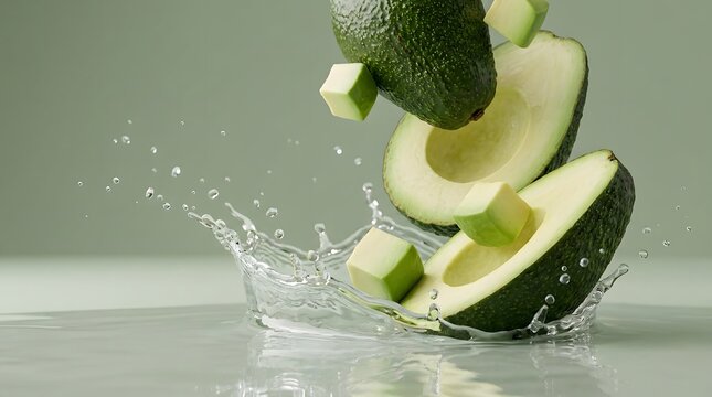 Dynamic studio shot of a fresh fruit water splash featuring sliced green ripe avocado pieces